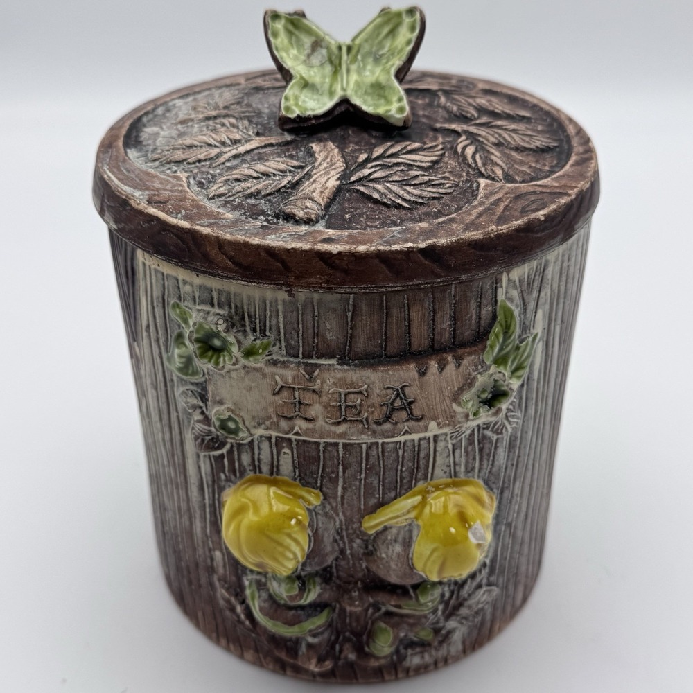 VTG Treasure Craft Tea Jar‎ Green Butterfly & Kids Ceramic WoodGrain CottageCore